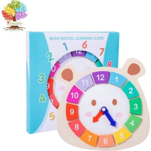 Treeyear Bear Time Clock Toy for Kids Wooden Time Learning Shape Sorting Color Game Montessori Early Education Math Set