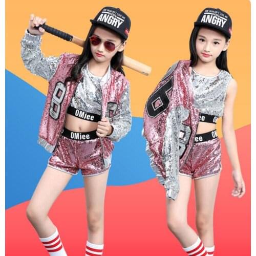 Kids Sequin Hip Hop Clothing Clothes for Girls Jacket Crop Tank Tops Shirt Shorts Jazz Dance Costume Ballroom Dancing Streetwear
