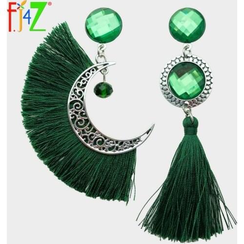F.J4Z New Fashion Boho Earrings Nova Green Tassel Jewelry Hollow Moon Imitation Stone Statement Earrings Women Aretes mujer