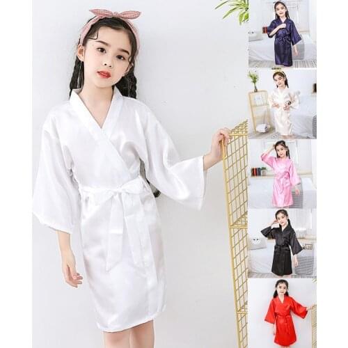 Summer Girls Silk Robe Solid Color Children Pajamas Kids Soft Bathrobe Sleepwear