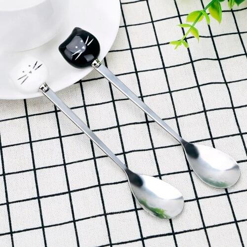 Stainless Steel Coffee Spoon Cartoon Ice Cream Spoon Flatware Cat Ceramic Spoon Kitchen Tool