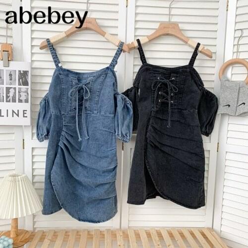 Korean slash neck short sleeve off shoulder Dress lace bow irregular pleated short denim strap Dress 2021 New Summer