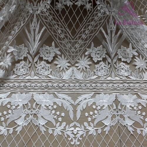 La Belleza New off white polyester on mesh embroidered wedding dress lace fabric 130cm width for 1 yard