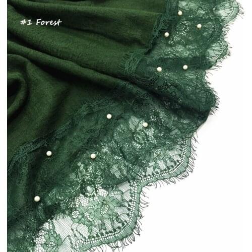 Hot sale luxury 2 sides lace edges pearls plain solid shawl viscose muslim women scarves hijabs beads scarf Eid gifts 150pcs/lot