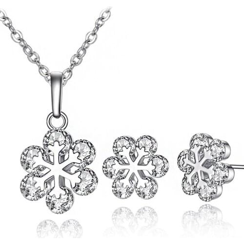 Tiny Cute Snowflake Shiny Zirconia Pendants Necklaces Stud Earrings Fashion Party Jewelry Set Christmas Gifts for Women