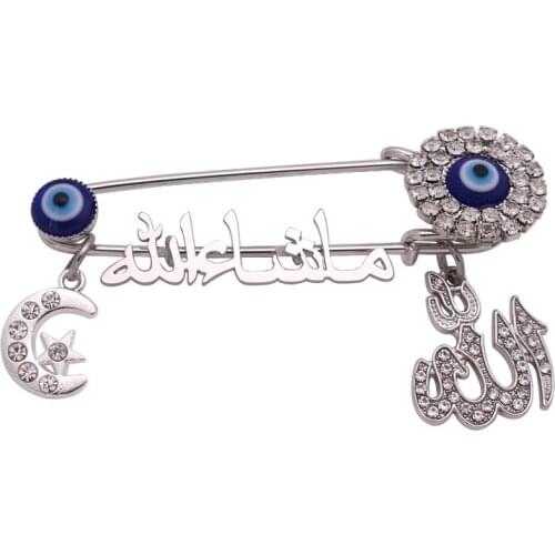 Muslim Persian Crescent Moon Star Amulet Allah Mashallah in arabic Turkish evil eye Stainless Steel brooch Baby Pin