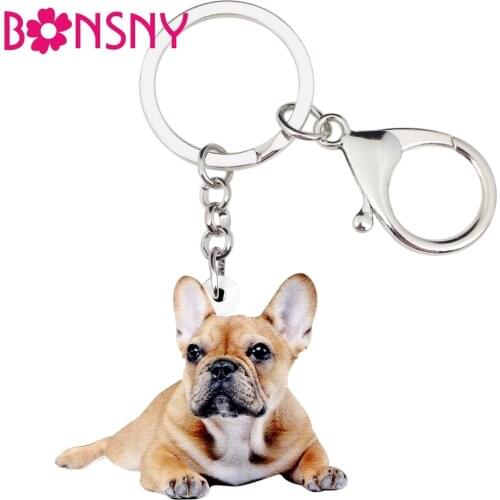 Bonsny Acrylic Novelty French Bulldog Pug Dog Key Chains Keychain Ring Animal Jewelry For Women Girl Handbag Car Charm Accessory