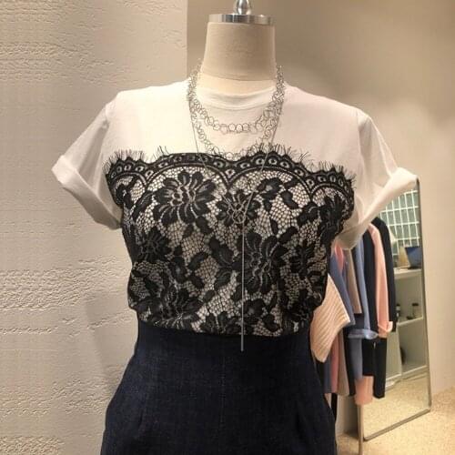 2021 Summer New Fashion Sweet Stitching Lace Short-sleeved T-shirt Loose O Neck Top Women Sexy Tops
