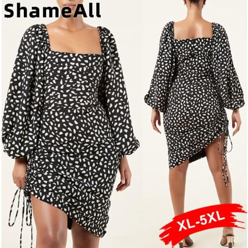 Plus Size Vintage Floral Print Long Lantern Sleeve Sashes Ruched Dress 4Xl Sexy Asymmetric Square Cut Neck French Elegant Dress