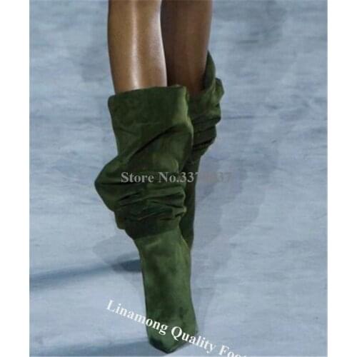 Linamong Newest Fashion Pointed Toe Stiletto Heel Knee High Boots Slip-on Suede Leather Pleated Long HIgh Heel Boots Dress Shoes
