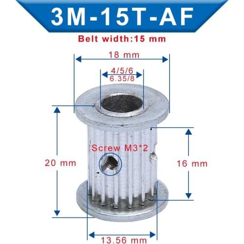 3M-15T Pulley AF shape Inner Bore 4/5/6/6.35/8 mm Aluminum pulley wheel Slot Width 16 mm For 3M-Rubber Timing Belt Width 15 mm