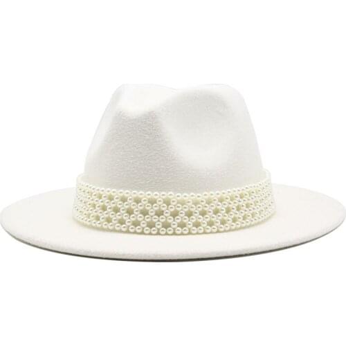 2020 Women Wide Brim Imitation Wool Felt Fedora Hats Fashion Church Party Female Dress Hat Pearl Ribbon Decor White Hat