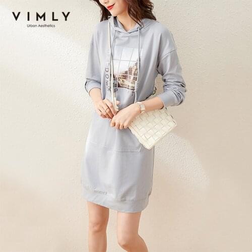 Vimly Sweatshirt Dress For Women Fashion New Hooded Printed Loose Pullover Pockets Casual Clothes Female Hoodies Tops F6708