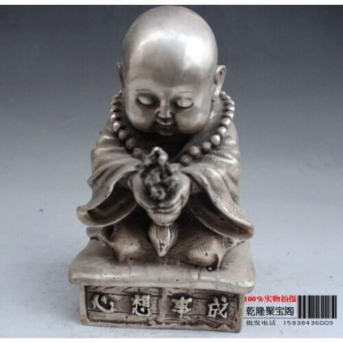 Tibet Silver Household fengshui adornment devout prayers young monk statue-All wishes come true metal handicraft