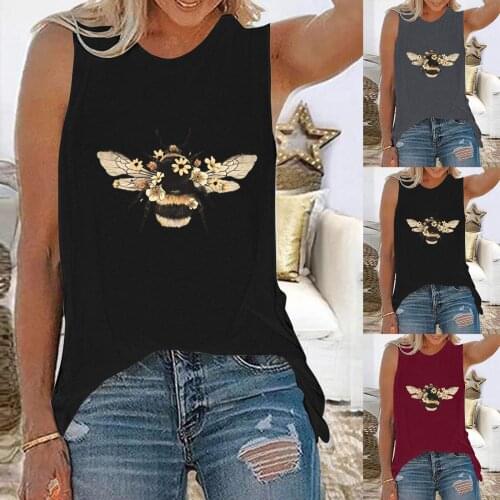 Bee print sleeveless top o-neck vest womens top, 2021 summer new loose short sleeve casual womens clothing футболка женская хл