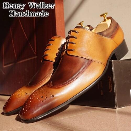 Italian Men Oxford Shoes Genuine Leather Lace Up Mix-Color Black Brown Men Dress Shoes Office Business Wedding Formal Shoes Men