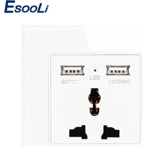 Esooli Universal Crystal Glass Panel Socket With Dual USB Charging Port 2.1A Wall Charger Adapter 110~250V plug socket 13A