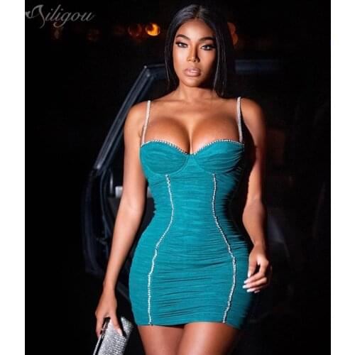 Ailigou 2021 High Quality Non-slip Mesh Shiny Diamond Sparkling Bodycon Rayon Bandage Dress Sexy Club Party Dress Vestidos