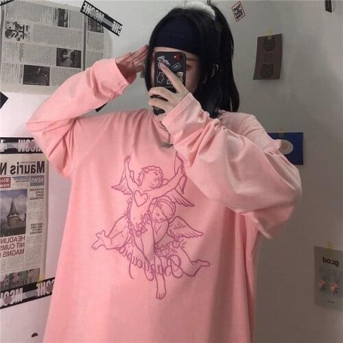 Japanese Kawaii Angel God Of Love Clothes Long-Sleeved T-Shirt For Girls Emo Korean Harajuku Tops Tee Gothic Women Urban Shirts