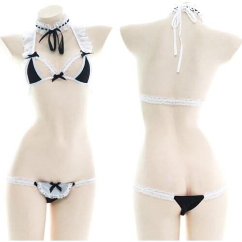 Japanese Sexy Girl Open Chest Maid Bikini Suit Kawaii Lace Chiffon Ruffles Private Sexy Cute Lolita Pajamas 2PCS Underwear Set