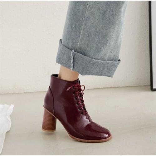 YMECHIC Large Size Fashion Round High Heels Combat Boots for Women Wine Red Black Bootie Lace Up Ankle Boots Winter Ladies Shoes