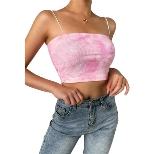Womens Tie Dye Crop Tops Tee Vest Camis Fashion Sexy Slim Sleeveless Strap Camisole Knit Ribbed Tee Vest Clubwear