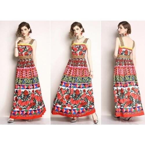 Womens Elegant Rose Printed Ballgown Dress High Waist Single Breasted Ladies Party Vestidos Princess Dress