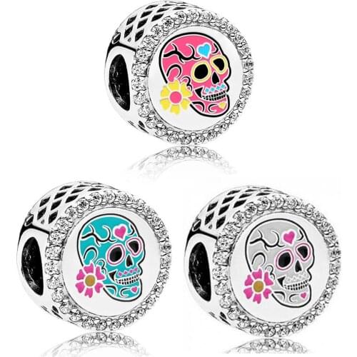 2019 NEW 100% 925 Sterling Silver PAN Day Of The Dead Charm Womens Fit DIY Bracelet & Bangle Original Fashion Jewelry Gift