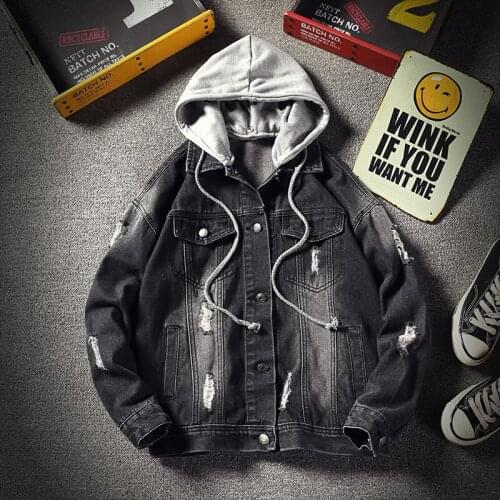 Jean Jacket Men Denim Jackets Hooded Spring 2019 Japanese Large Size Hole Denim Jacket Coat Tide Streetwear Men 5XL