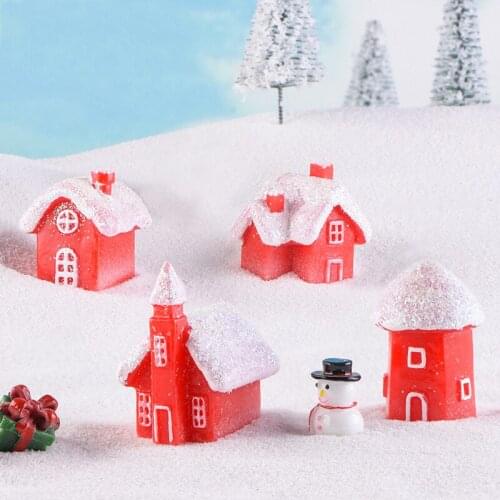 Red Christmas House Snow House Miniature Figurine Cartoon Cottage Model Fairy Garden Dollhouse Home Decoration DIY Accessories