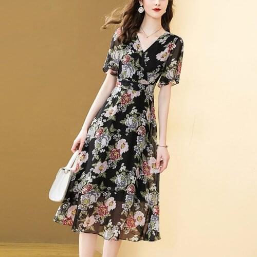 Only Plus Floral Dress Printed Summer Short Sleeve V-Neck Ladies Beach Warp Dresses Chiffon Long High Waist 2021 New Dress