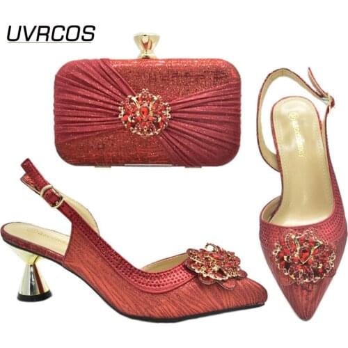 Italian Design Nigerian Hot Selling Fashion Colorful Crystal Decoration Streamer Modeling Style Party Ladies Shoes and Bag Red