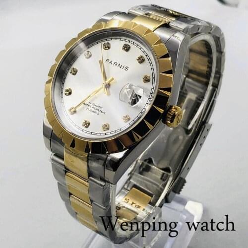 Parnis 39mm mens top business watch gold case sapphire crystal date window 21 jewels Miyota movement automatic watch gift