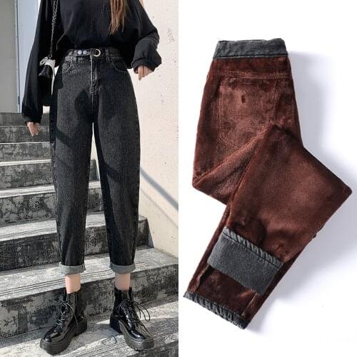 Autumn And Winter Plus Velvet Warm Retro Jeans Women 2021 New Loose Straight High Waist Harem Pants Womens Ninth Pants Black