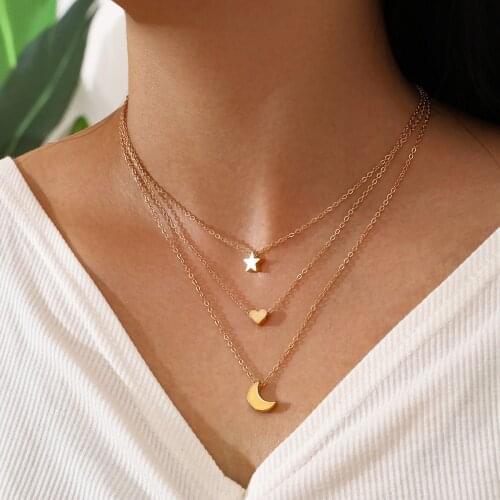 Simple Multi Layer Chain Chokers Necklace Metal Small Star Heart Moon Necklaces Pendant Jewelry Accessory For Women Gifts kolye