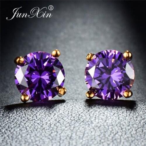 JUNXIN Mystic Multicolor Zircon Round Stud Earrings For Women Yellow Gold Filled Purple Green Blue Stone Wedding Earrings Female