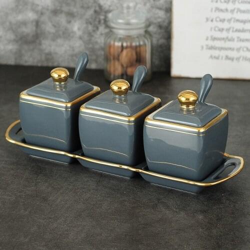 Nordic Luxury Seasoning Jar Salt Sugar Storage Box Rack with Spoon Lid Spice Jar Ceramic Container Especiero Kitchen Tools DF50T