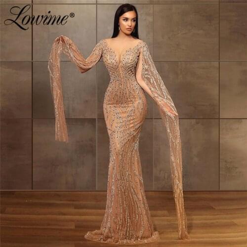 Champagne Glitter Muslim Long Sleeves Evening Dresses Saudi Arabia Beading Dubai Mermaid Formal Prom Dress Party Gowns 2020