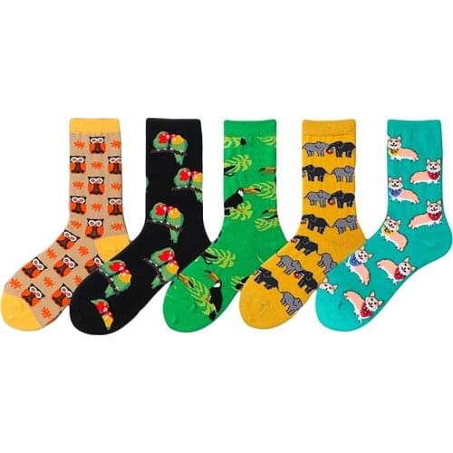 Cute Animals Printing Pattern Socks Women Funny Art Korean Colorful Cartoon Parrot Dogs Owl Socks Kawaii Sokken Calcetines