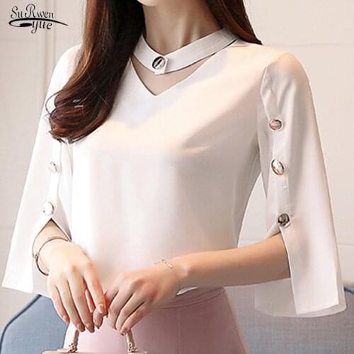 Women Short Sleeve V-Neck White Shirt Tops New Summer Women Blouse Tops Plus Size Chiffon Shirt Blouse Female Loose Blouses 2994