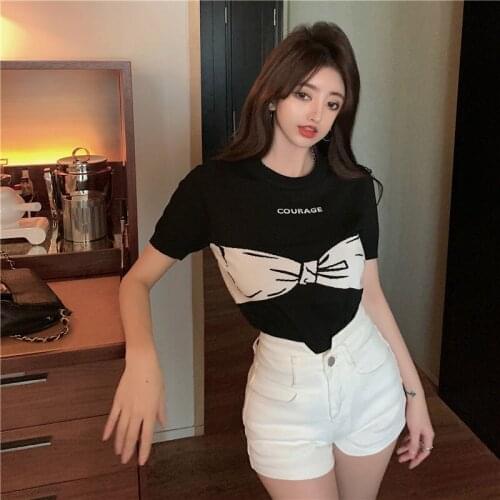 Woman TShirts Summer Womens Short-Sleeved T-shirt Bow Jacquard Color Matching Knitted Top Shirt Crop Top Mujer Camisetas