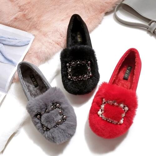 41-43 big size fur moccasins pearl beading cotton shoes woman rivets buckle furry flats warm winter slides loafers women NS100