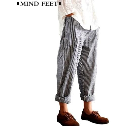 MIND FEET Women Cotton Linen Striped Pants Harem Vintage Elastic Waist Loose Long Radish Trousers Leisure Retro Baggy Pantalon