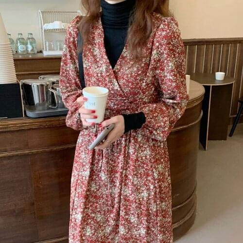 Woman Dress 2021 New Korean Fashion Elegant Print V-neck Full Screen Small Floral Design Cross Tie Waist Long Sleeve Vestidos