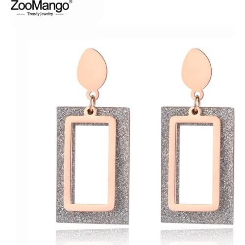 ZooMango New Stainless Steel Double Rectangular Party Earrings Jewelry For Women Rose Gold Geometry Gray Matte Earrings ZE19041