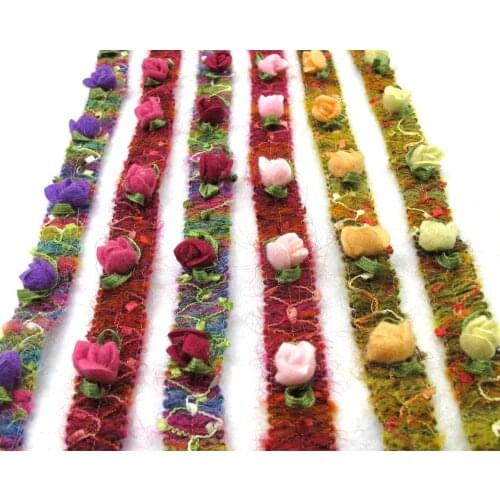 16mm Acrylic Flowers with Green Leaf Loop Sewn onto Embroidered Woven Ribbon|Sewing|Quilting|Craft Supplies|Hair Accessories