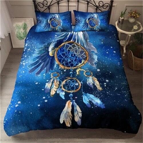 2/3pcs Modern Blue Feather Duvet Cover Pillowcase Dream Catcher Bedding Set Soft Microfiber King Queen Single Size Home Textile