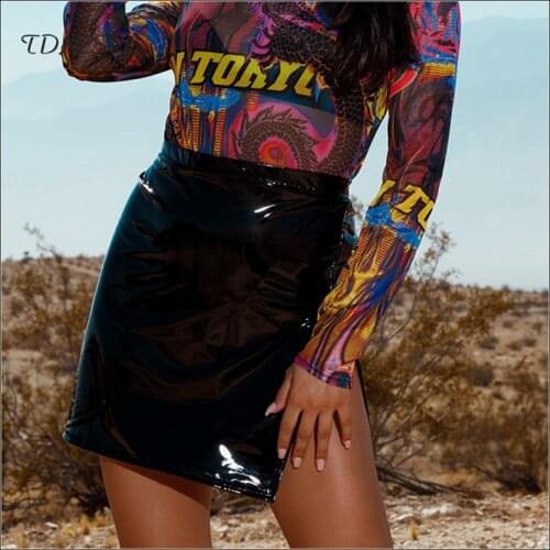 Shiny Latex Leather Skirts Women High Waist Sexy Side High Split Fashion Mini Skirts Office Lady Casual Stretchy PU Skirt Custom