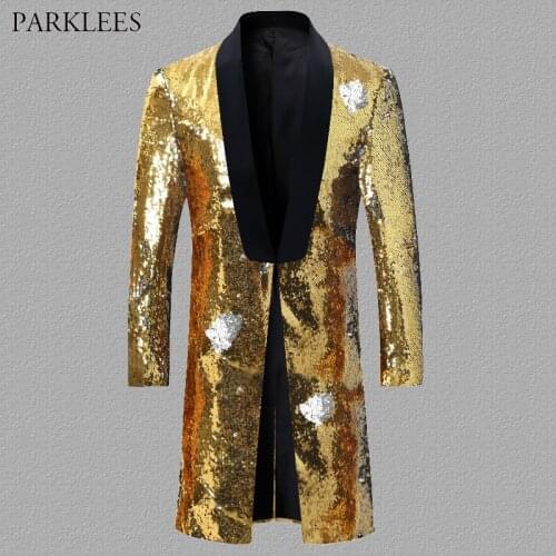 Long Flipping Sequin Blazer Men Fashion Stage Glitter Gold Sequins Embellished Mens Blazer Jacket Wedding Party Singer Costume