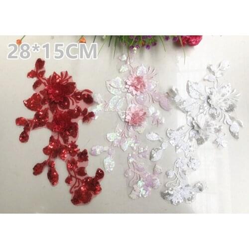4Pieces Flower Sequins Pink White Red Lace Applique Patch Wedding Dress DIY Decorative Accessories Sewing 28x15cm